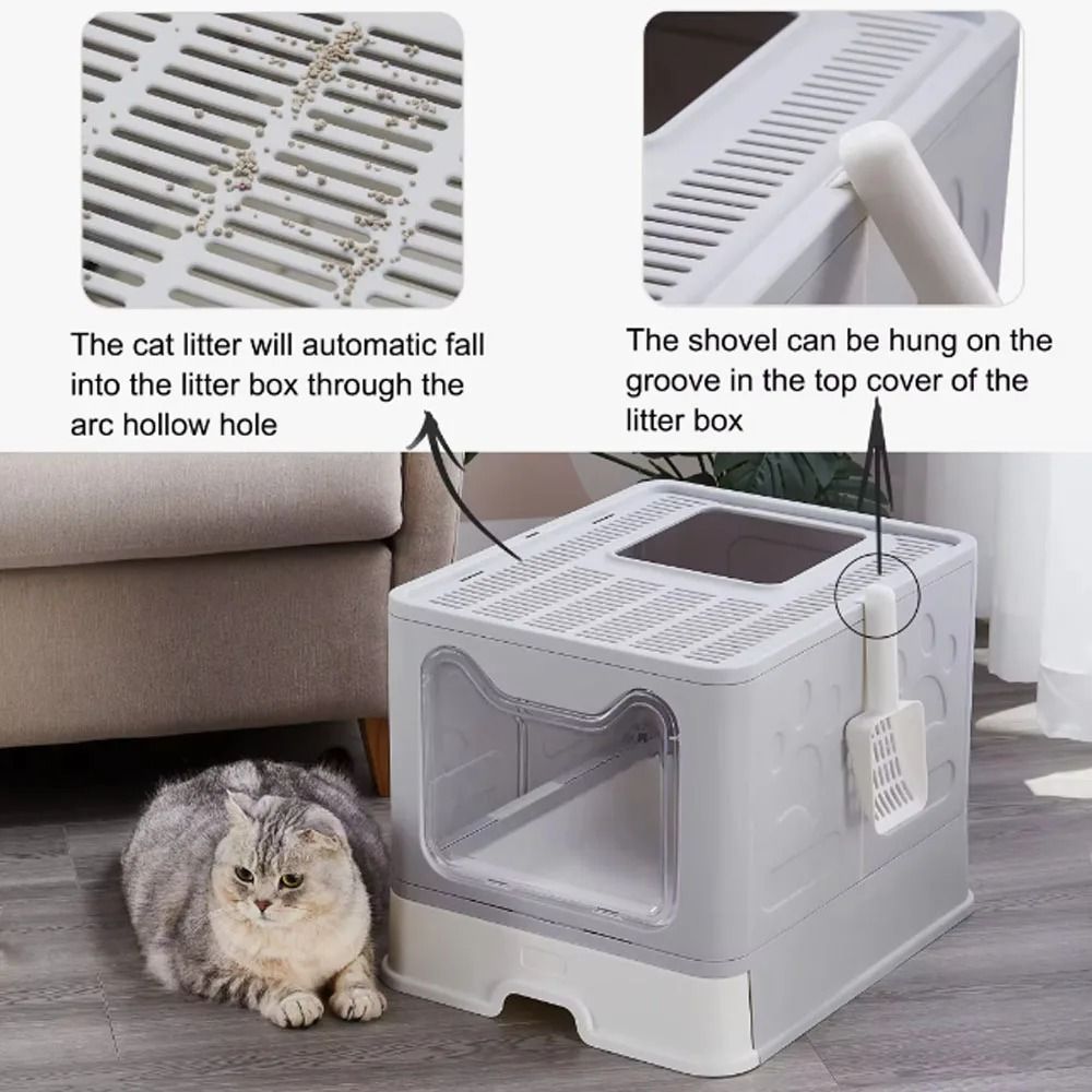 Foldable Drawer Litter Box With Scooper For Easy Cat Waste Management 3