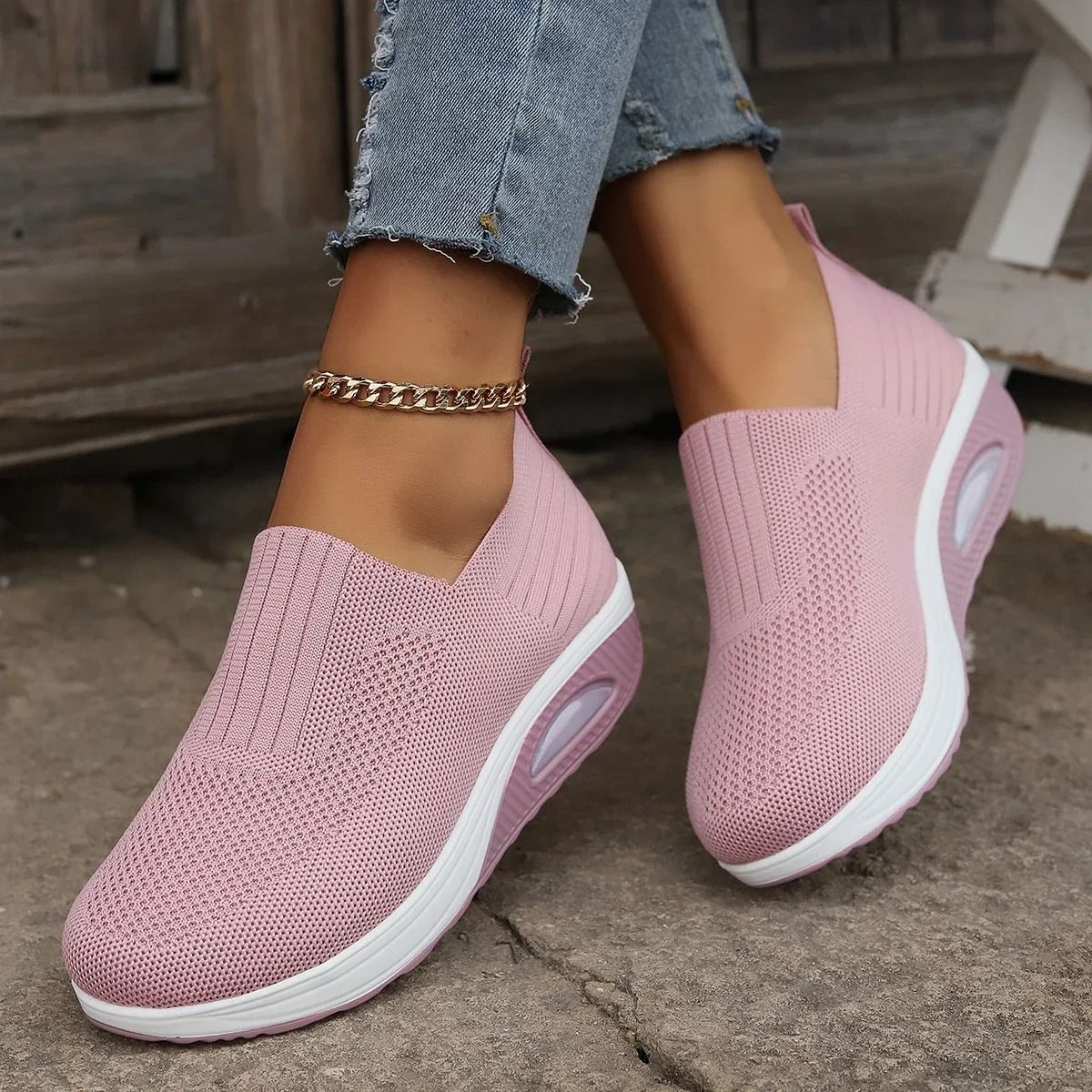 Womens Mesh Breathable Slip On Platform Sneakers Comfortable Air Cushion Walking Shoes 1