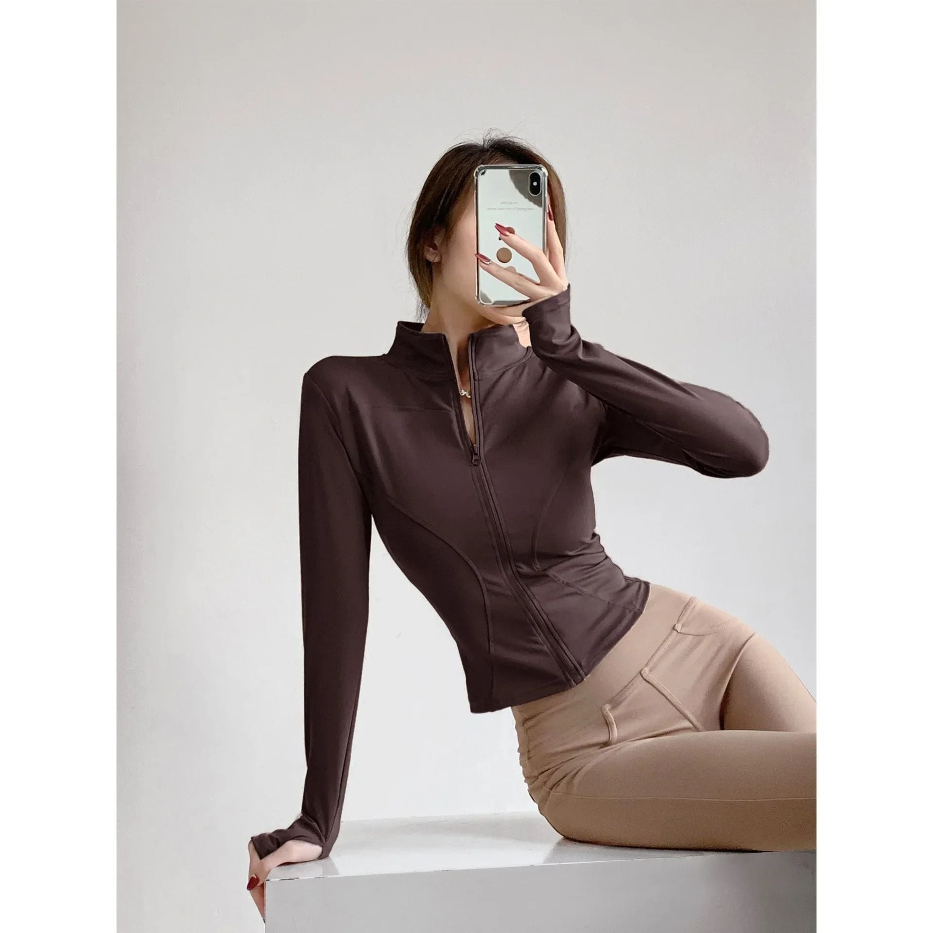 Sun Quick Drying Sports Jacket Womens Yoga Running Long Sleeve Zipper Top 18