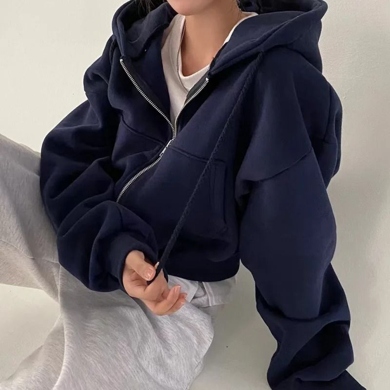 Fleece Lined Cropped Slim Hoodie For Women 2