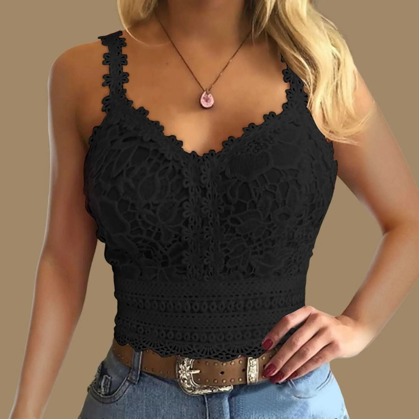 Lace Strap V Neck Crop Top Sleeveless Casual Vest For Women 3