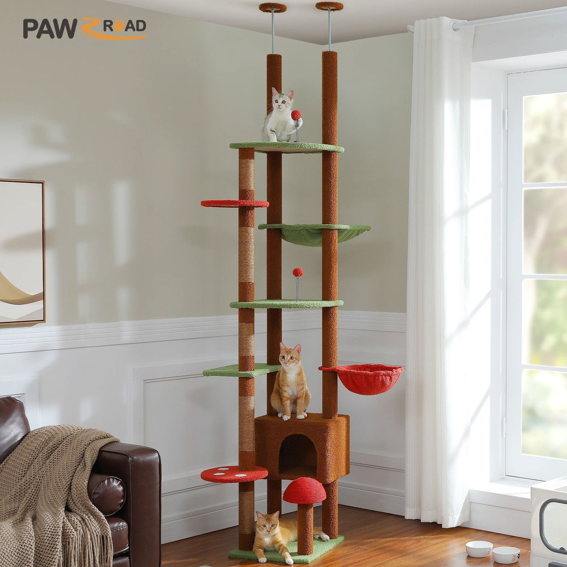 Adjustable Floor to Ceiling Cat Tree with Hammock Scratching Posts and Hanging Ball