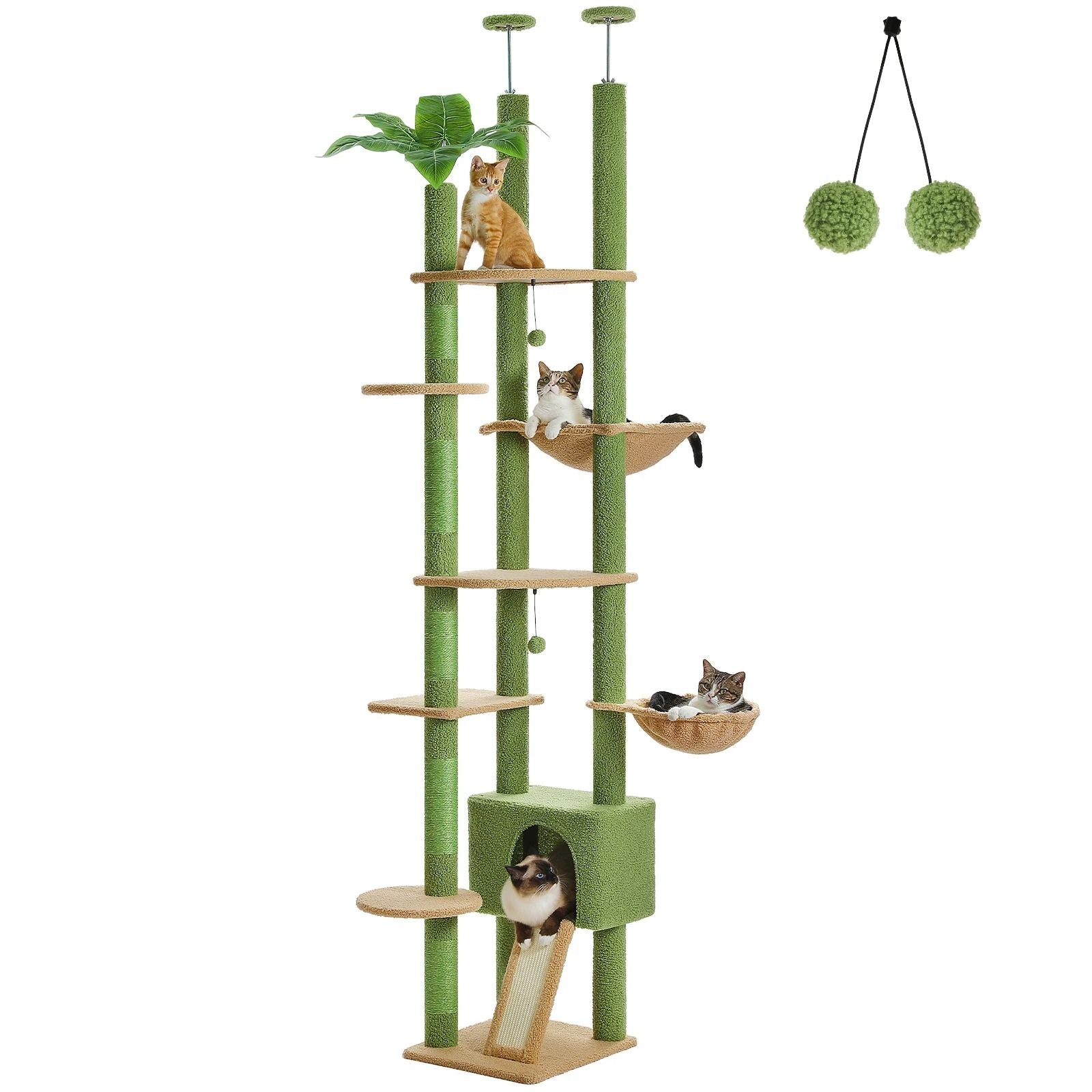 Adjustable Floor To Ceiling Cat Tree With Hammock Scratching Posts And Hanging Ball 6