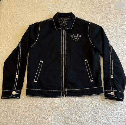 Retro Y2K Denim Leather Jacket Streetwear Zip Up with Embroidery for Men