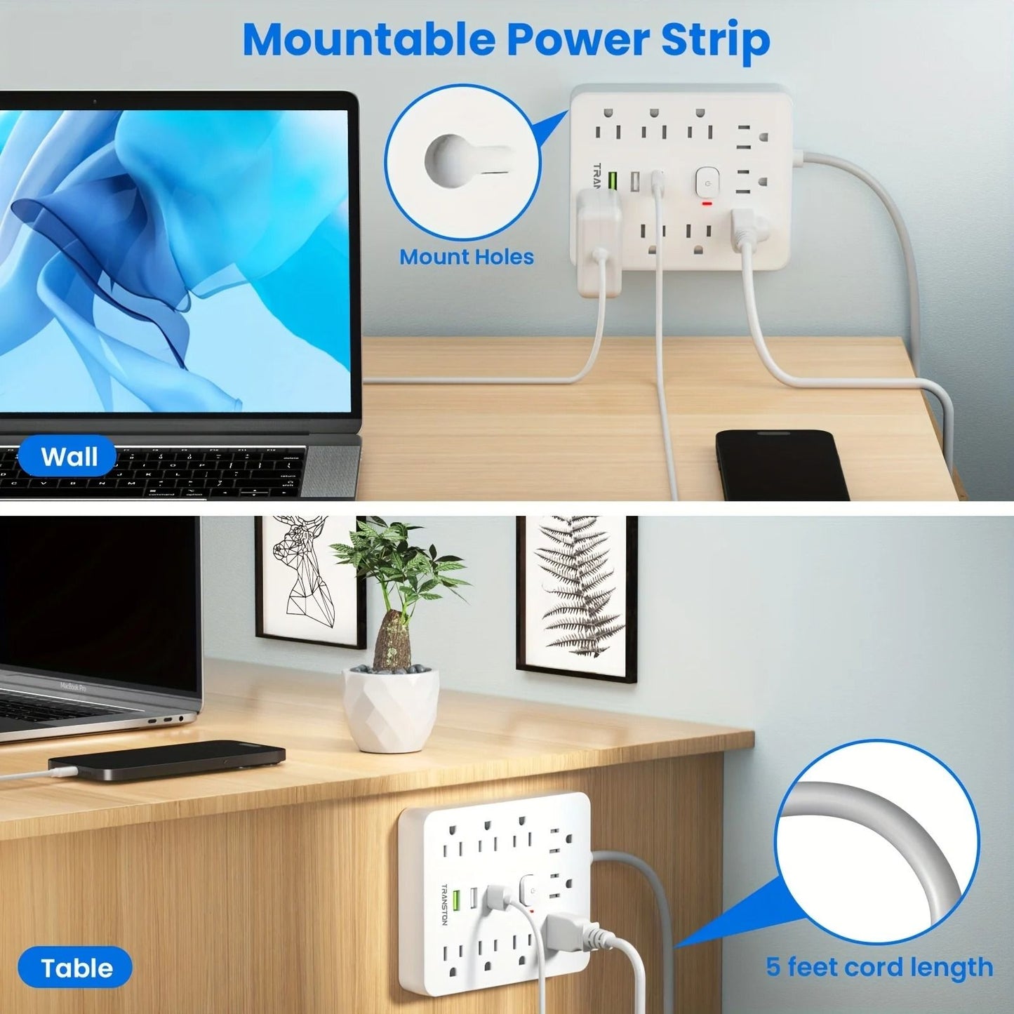 Power Strip with Nine Outlets Three USB Ports and Five Foot Extension Cord