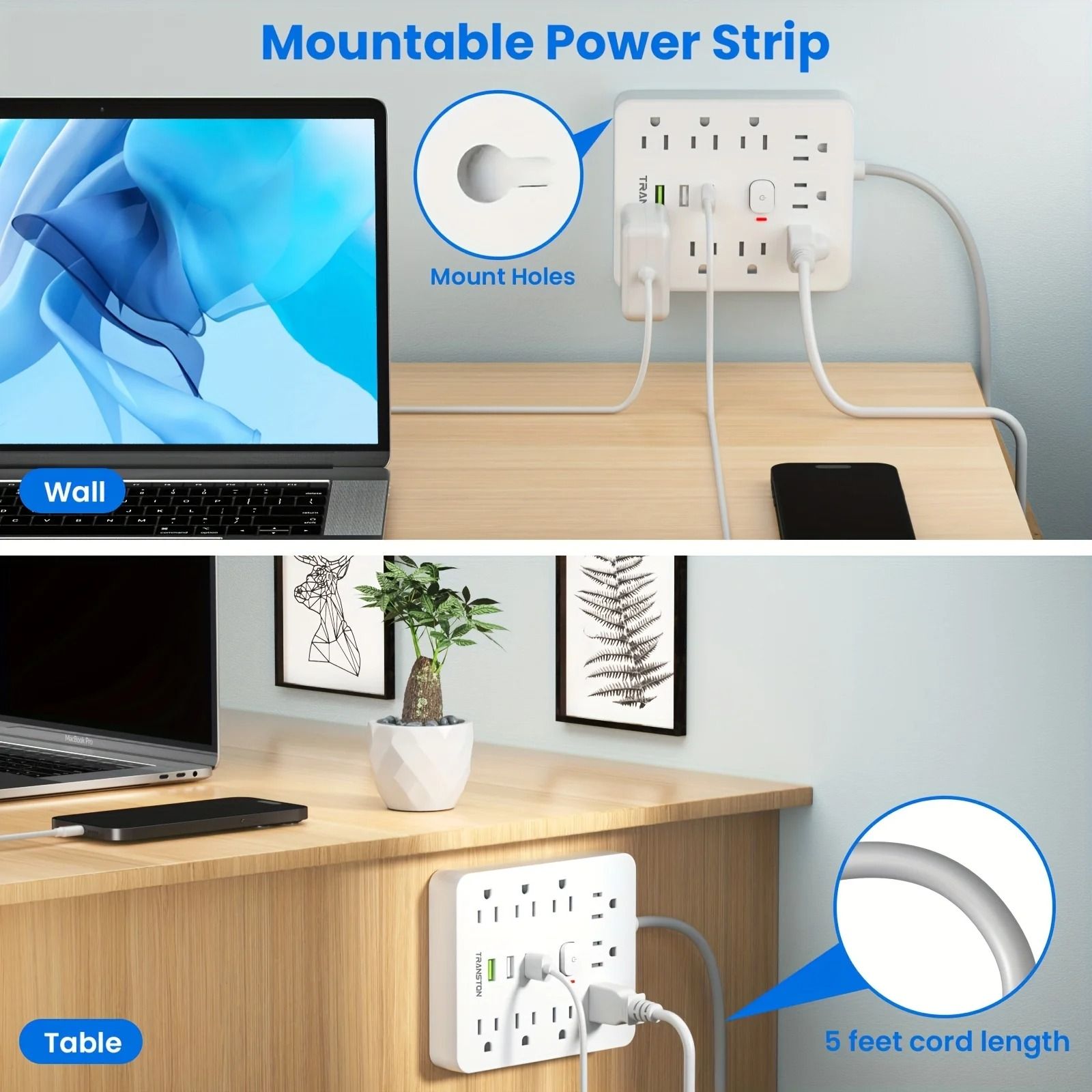 Power Strip with Nine Outlets Three USB Ports and Five Foot Extension Cord