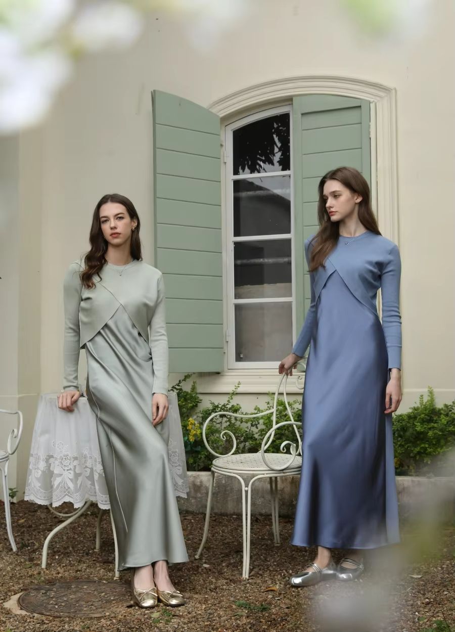 Spring Summer Satin Maxi Dress With Knitted Top  Elegant 2Piece Set For Women 1