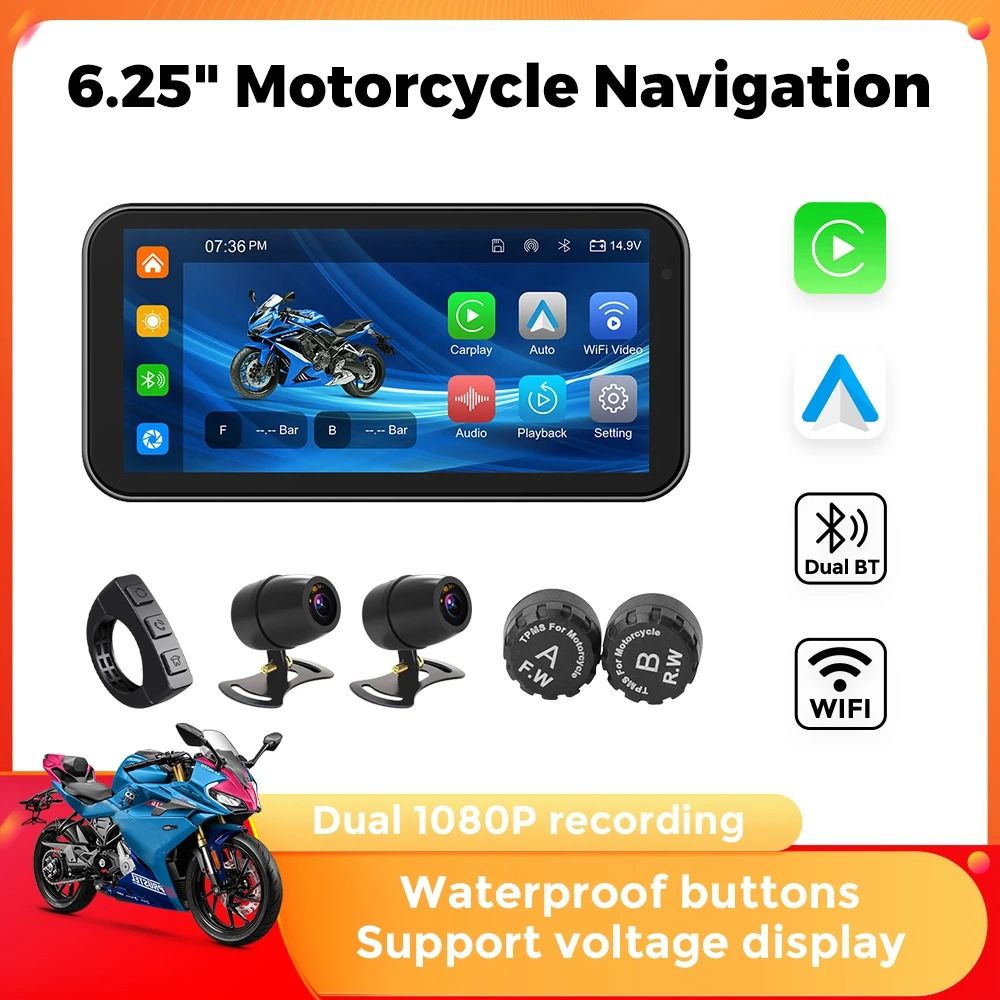 Waterproof Motorcycle GPS with CarPlay Android Auto and Optional DVR TPMS