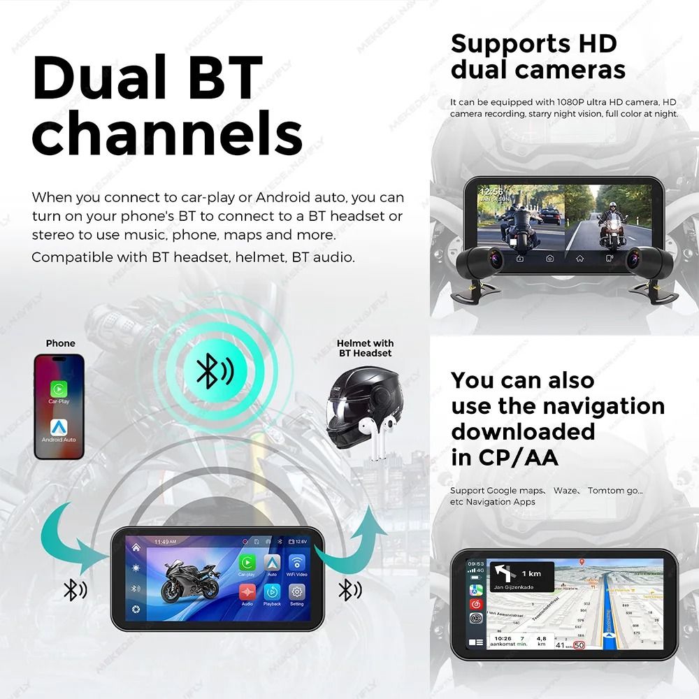 Waterproof Motorcycle GPS With CarPlay Android Auto And Optional DVR TPMS 2