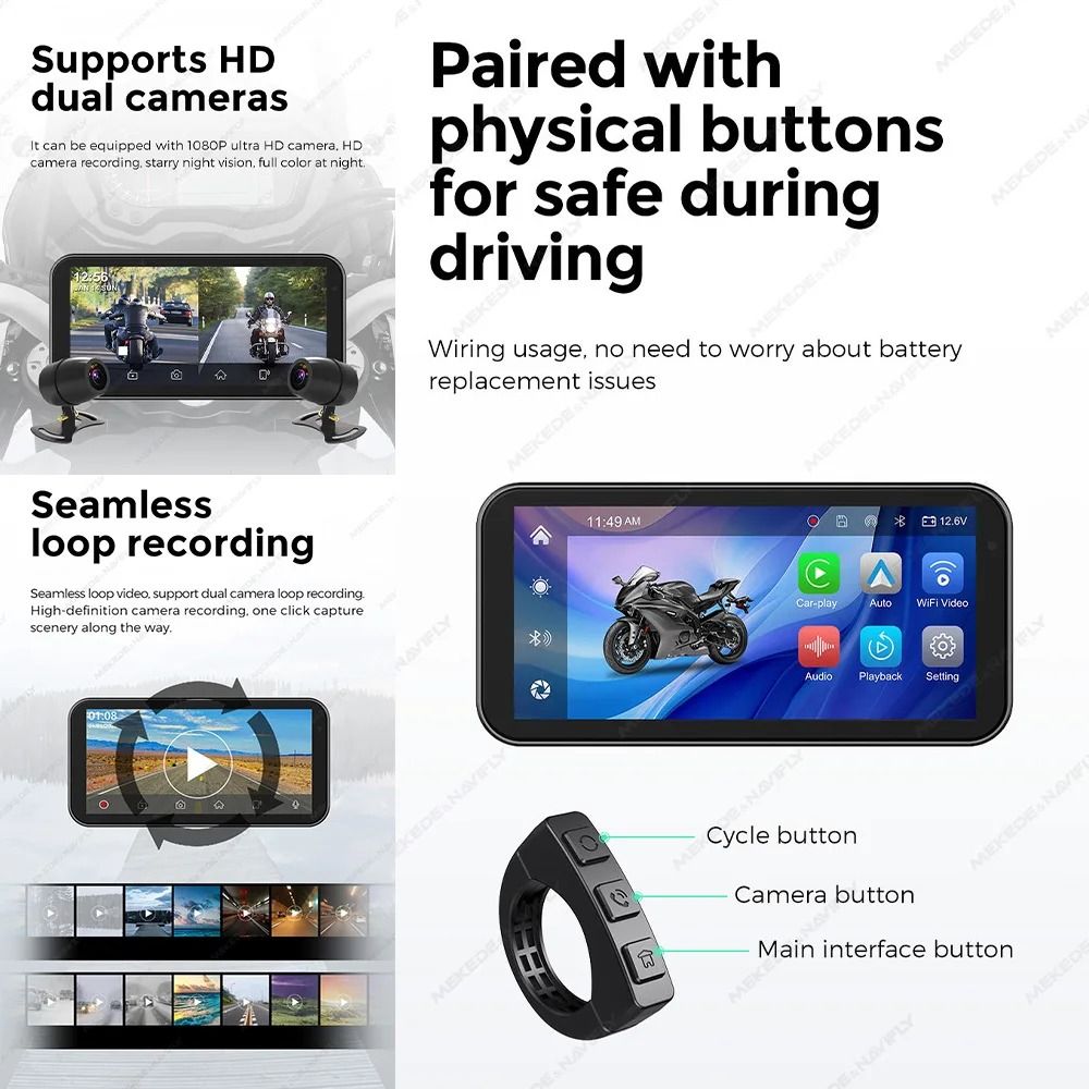 Waterproof Motorcycle GPS With CarPlay Android Auto And Optional DVR TPMS 3