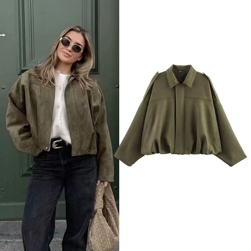 Women's Vintage Bomber Jacket – Loose Fit Turn-Down Collar Coat for Casual Chic Style