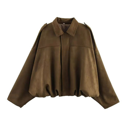 Womens Vintage Bomber Jacket  Loose Fit TurnDown Collar Coat For Casual Chic Style 9