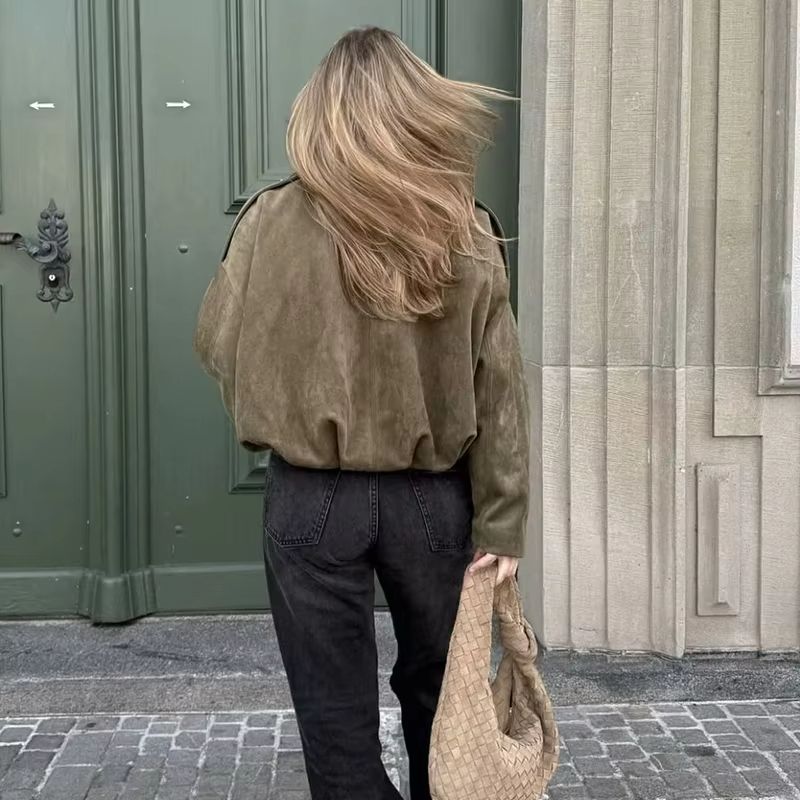 Womens Vintage Bomber Jacket  Loose Fit TurnDown Collar Coat For Casual Chic Style 3