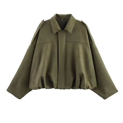 Womens Vintage Bomber Jacket  Loose Fit TurnDown Collar Coat For Casual Chic Style 4