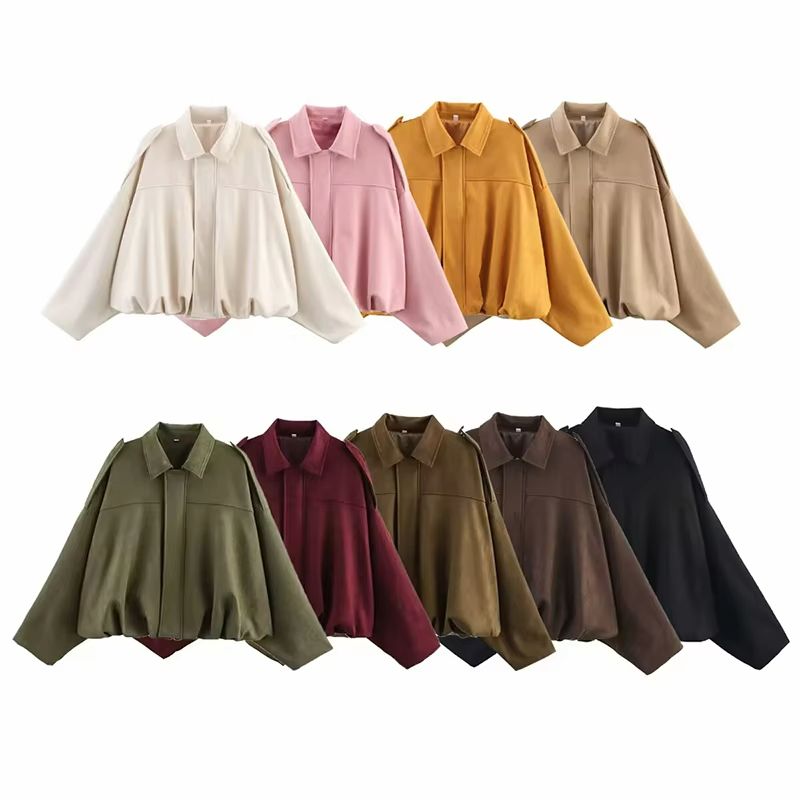 Womens Vintage Bomber Jacket  Loose Fit TurnDown Collar Coat For Casual Chic Style 5