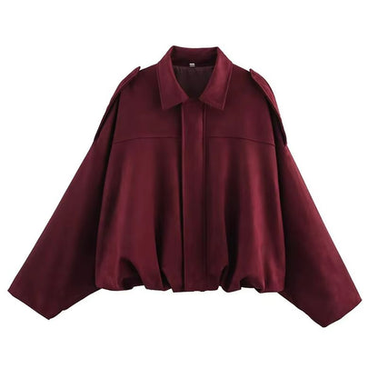 Womens Vintage Bomber Jacket  Loose Fit TurnDown Collar Coat For Casual Chic Style 8