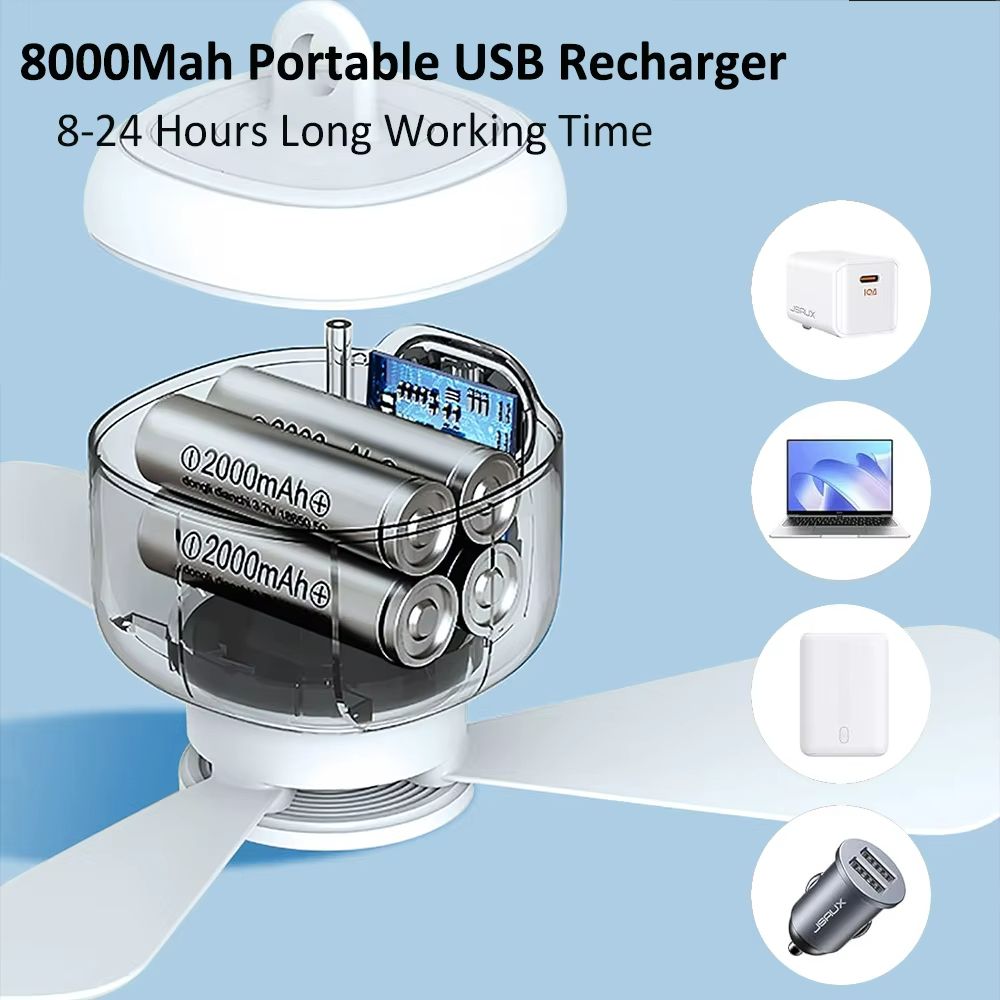 Portable Camping Ceiling Fan With Light  Rechargeable 8000mAh Wireless Tent Fan With Remote Control 3