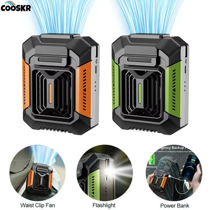 Portable Waist Clip Fan with LED Light – USB Rechargeable Mini Hanging Neck Fan & Power Bank for Outdoor Use