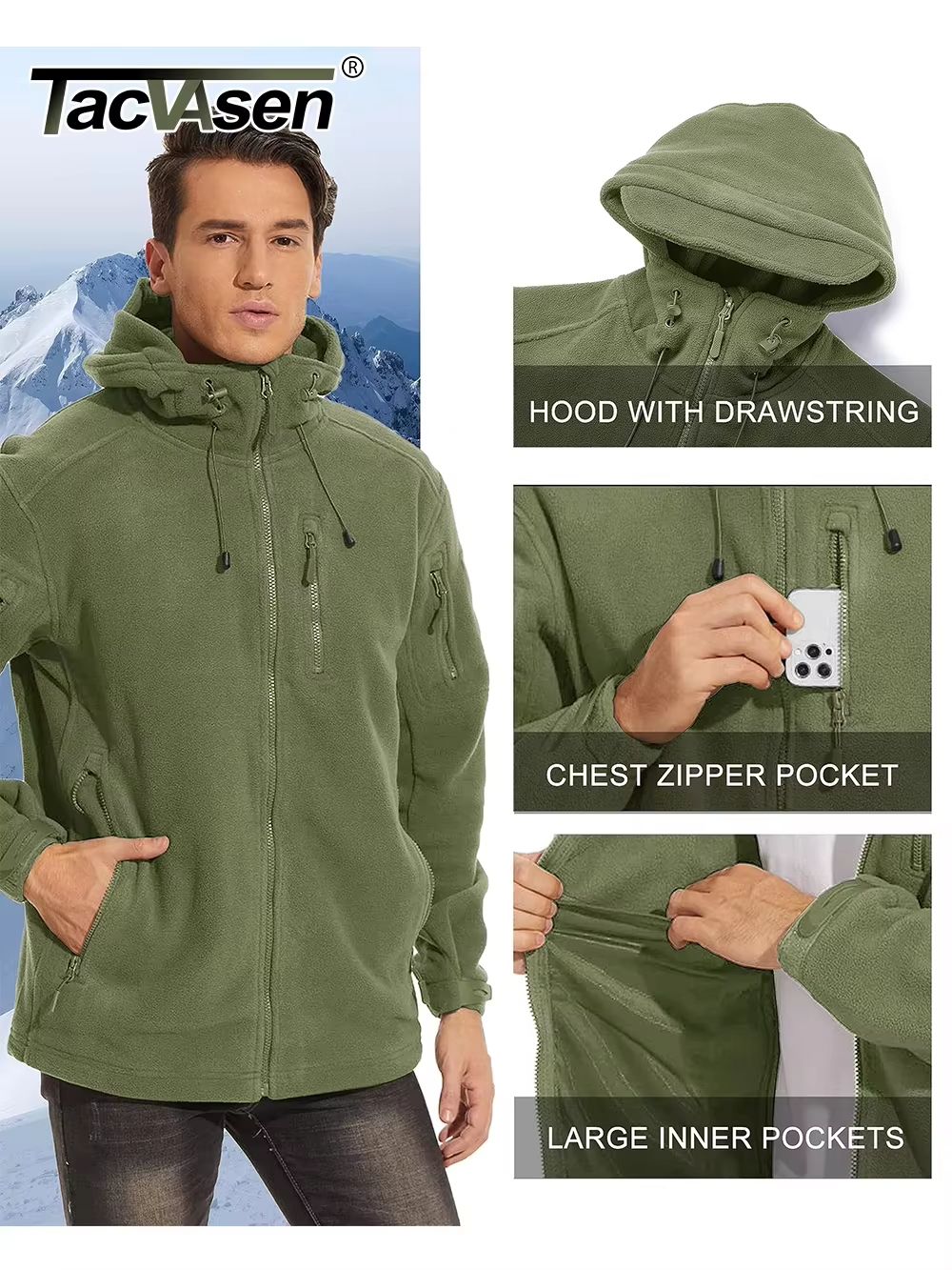 TACVASEN Mens Fleece Jacket With Hood  FullZip Outdoor Windproof Warm Work Coat For Spring And Wint 1