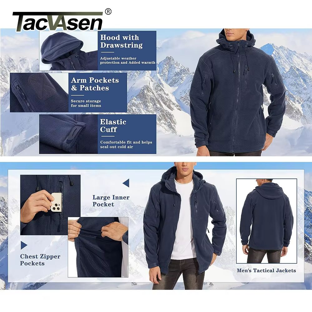 TACVASEN Mens Fleece Jacket With Hood  FullZip Outdoor Windproof Warm Work Coat For Spring And Wint 5