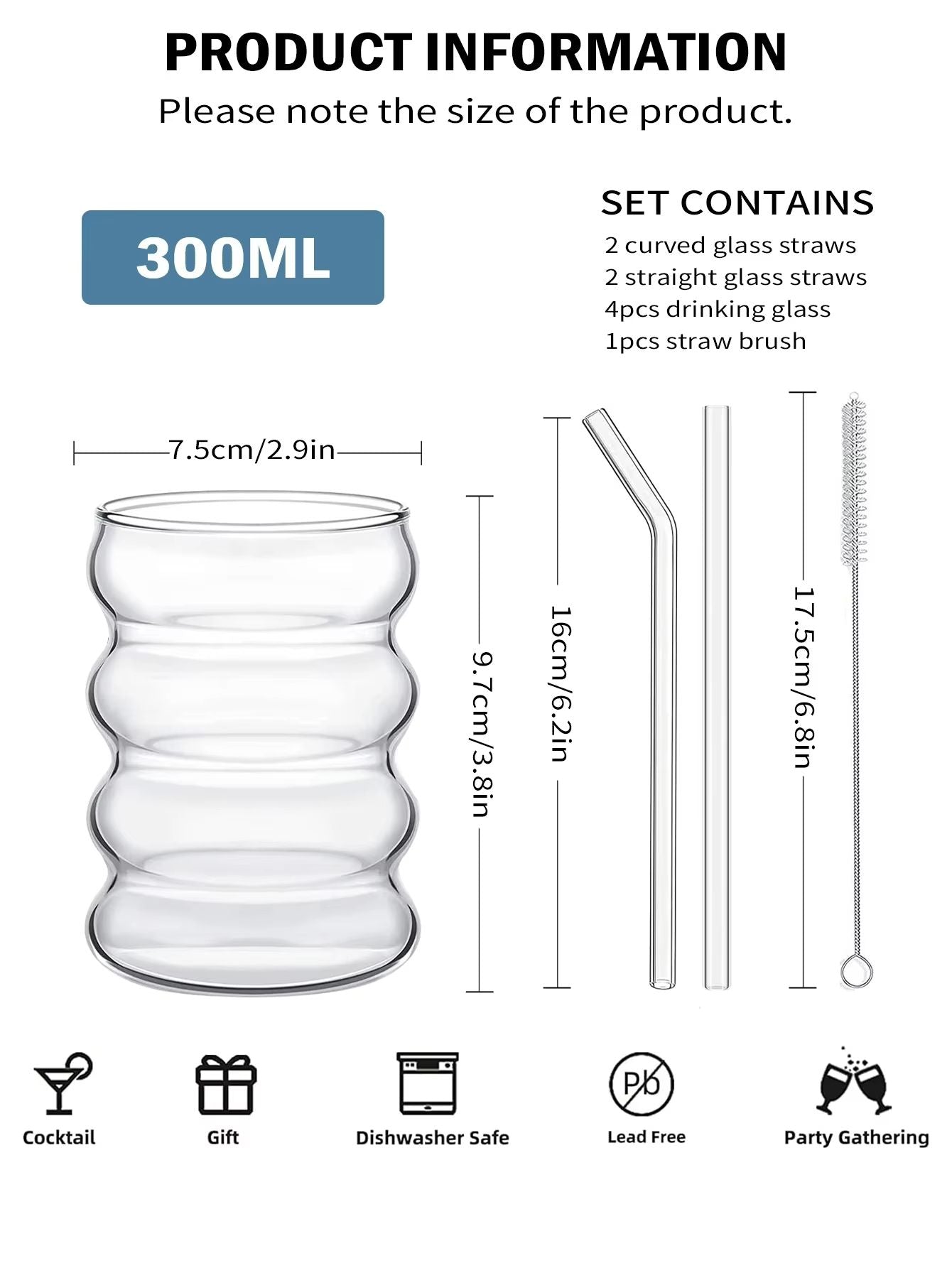 Vintage Ribbed Glass Cups With Straws  4Piece Aesthetic Drinking Glassware Set For Coffee Tea  More 1