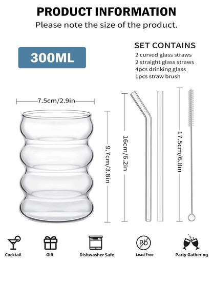 Vintage Ribbed Glass Cups With Straws  4Piece Aesthetic Drinking Glassware Set For Coffee Tea  More 1