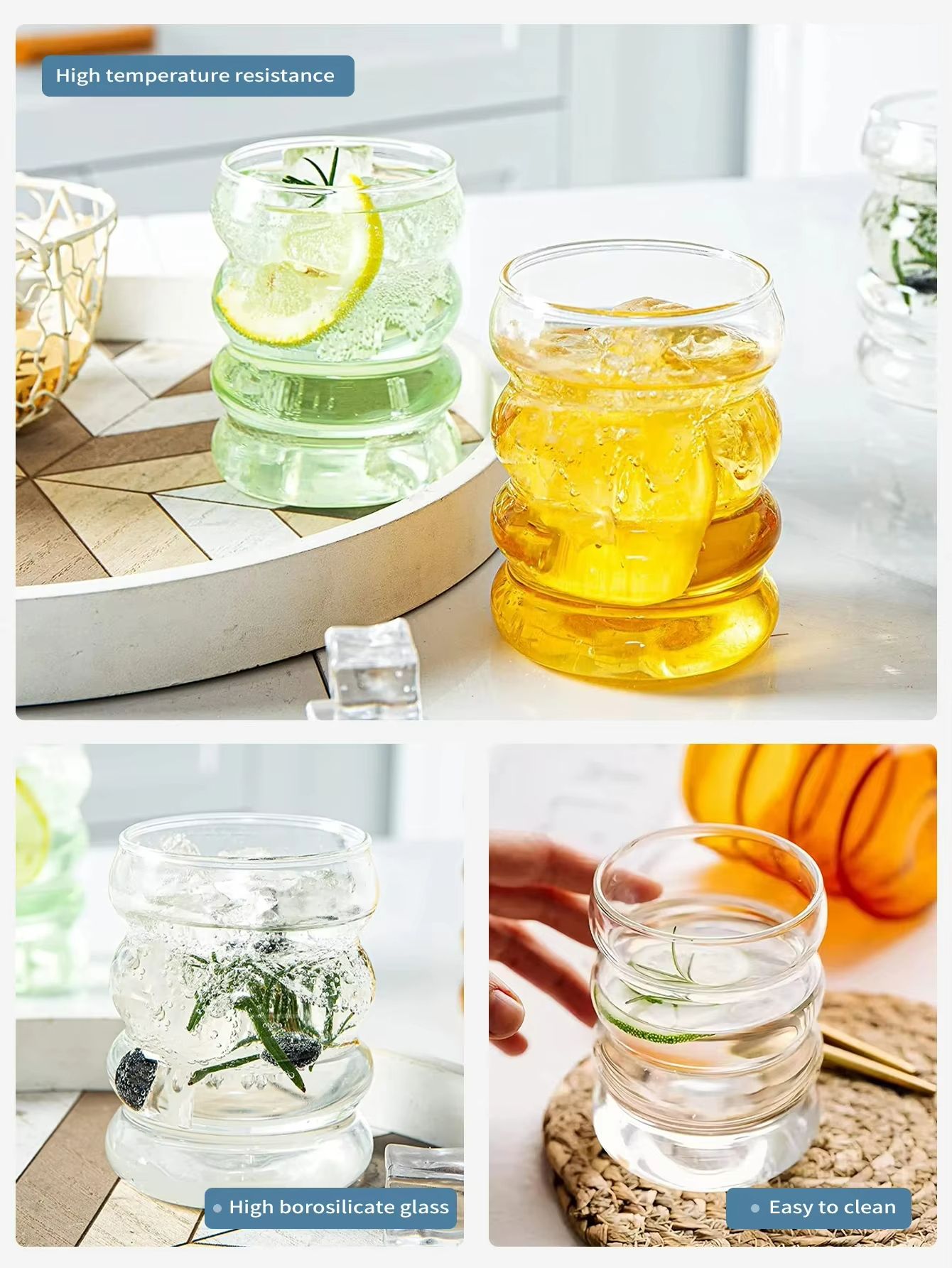 Vintage Ribbed Glass Cups With Straws  4Piece Aesthetic Drinking Glassware Set For Coffee Tea  More 3