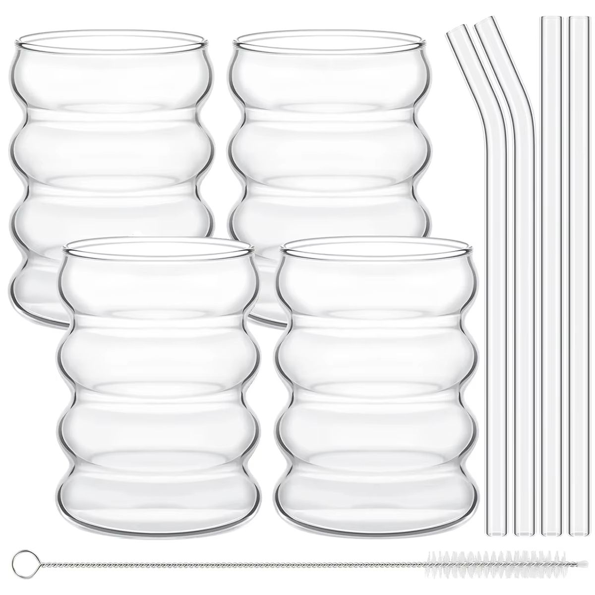 Vintage Ribbed Glass Cups With Straws  4Piece Aesthetic Drinking Glassware Set For Coffee Tea  More 6