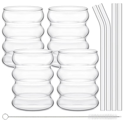 Vintage Ribbed Glass Cups With Straws  4Piece Aesthetic Drinking Glassware Set For Coffee Tea  More 6