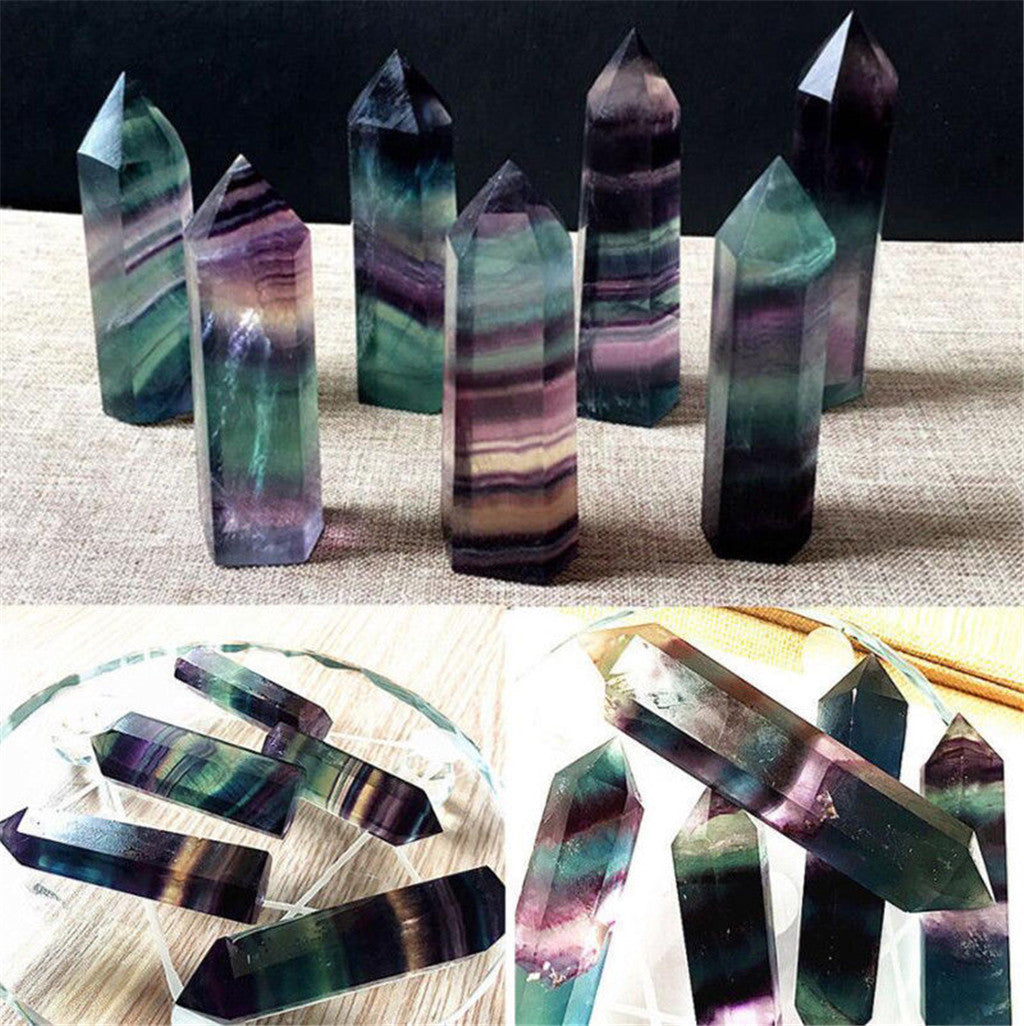 Natural Fluorite Crystal Point, 4-7CM Colorful Striped Hexagonal Wand for Healing, Energy Treatment
