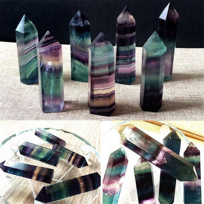 Natural Fluorite Crystal Point, 4-7CM Colorful Striped Hexagonal Wand for Healing, Energy Treatment