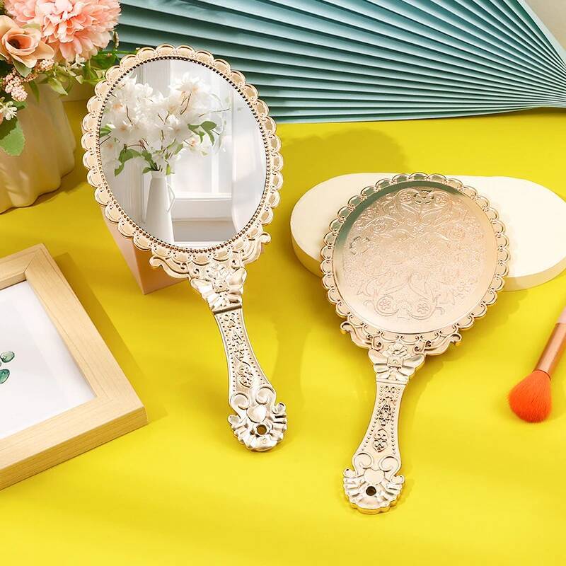 Retro Hand Mirror Rose Gold Portable, Vintage Makeup Oval Round Noble Beauty Tool, Travel Cosmetic Handheld Mirror