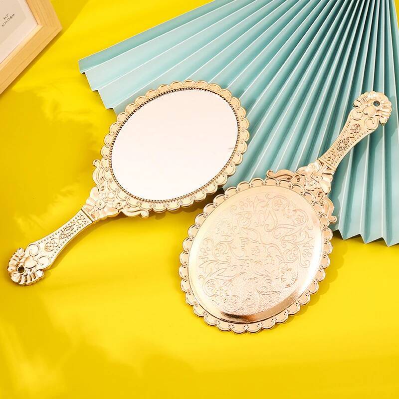 Retro Hand Mirror Rose Gold Portable, Vintage Makeup Oval Round Noble Beauty Tool, Travel Cosmetic Handheld Mirror
