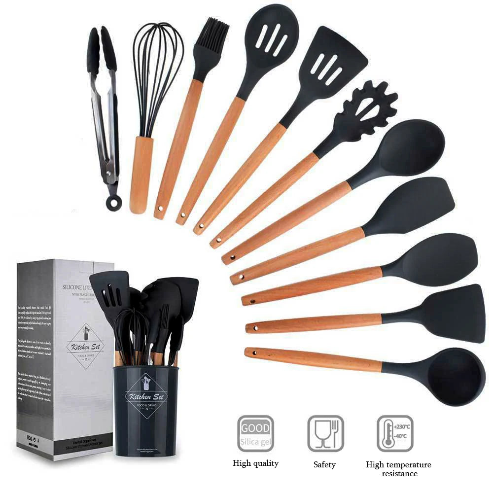 12PCS Silicone Kitchenware Set, Non-Stick Cookware Utensils with Wooden Handle, Spatula, Shovel, Egg Beaters
