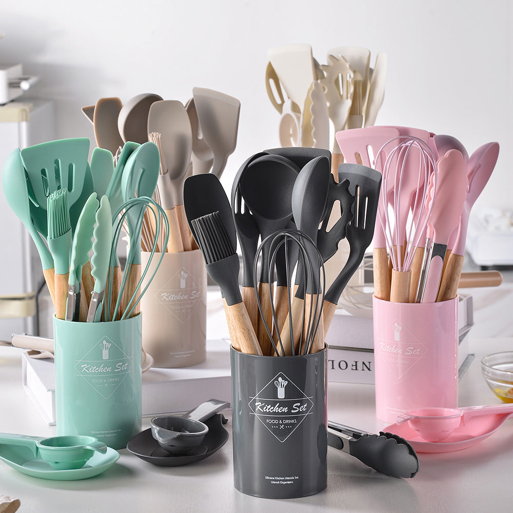 12PCS Silicone Kitchenware Set, Non-Stick Cookware Utensils with Wooden Handle, Spatula, Shovel, Egg Beaters