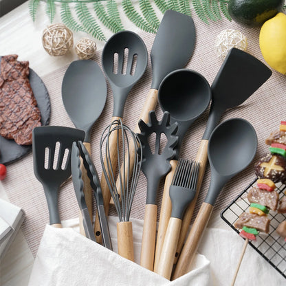 12PCS Silicone Kitchenware Set, Non-Stick Cookware Utensils with Wooden Handle, Spatula, Shovel, Egg Beaters