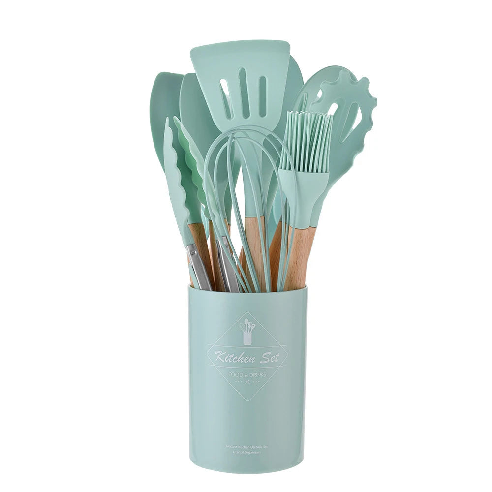 12PCS Silicone Kitchenware Set, Non-Stick Cookware Utensils with Wooden Handle, Spatula, Shovel, Egg Beaters