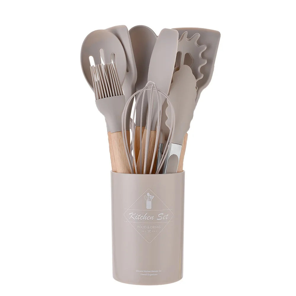 12PCS Silicone Kitchenware Set, Non-Stick Cookware Utensils with Wooden Handle, Spatula, Shovel, Egg Beaters