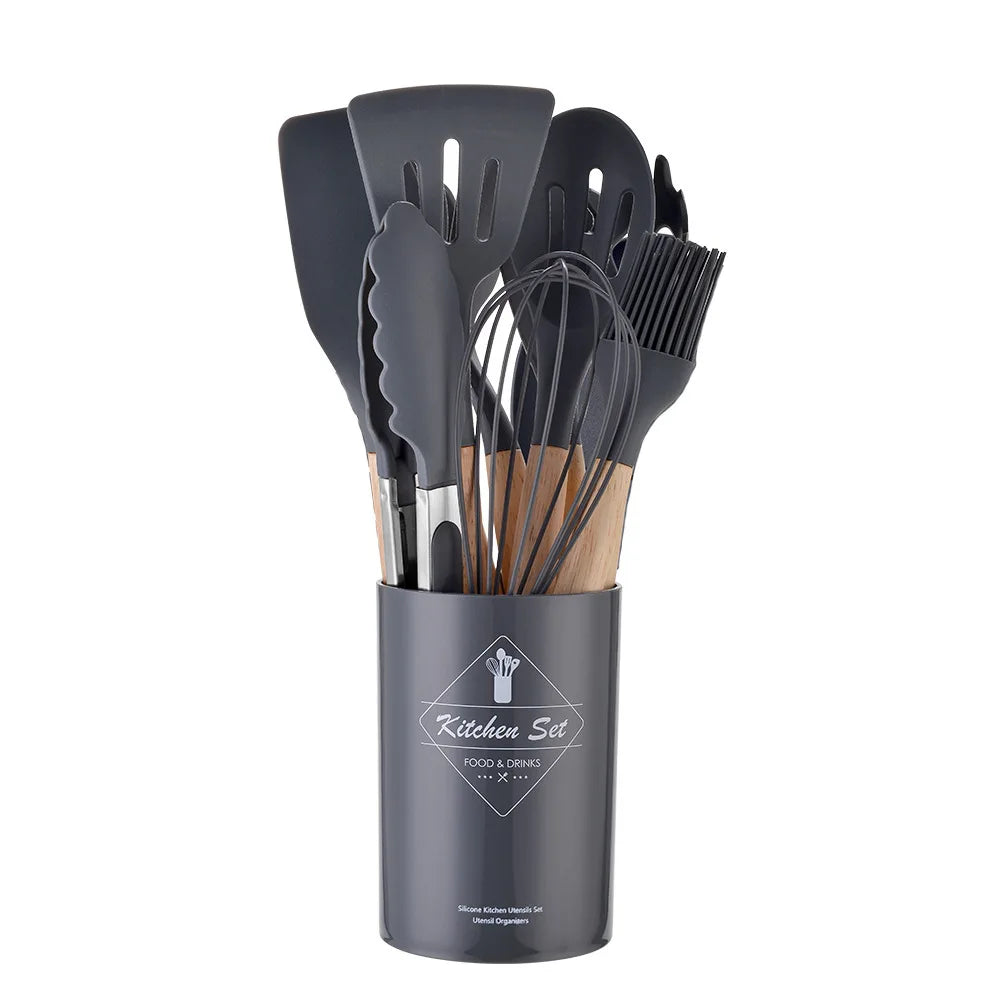 12PCS Silicone Kitchenware Set, Non-Stick Cookware Utensils with Wooden Handle, Spatula, Shovel, Egg Beaters