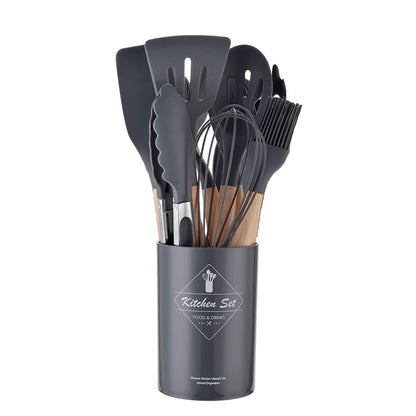 12PCS Silicone Kitchenware Set, Non-Stick Cookware Utensils with Wooden Handle, Spatula, Shovel, Egg Beaters