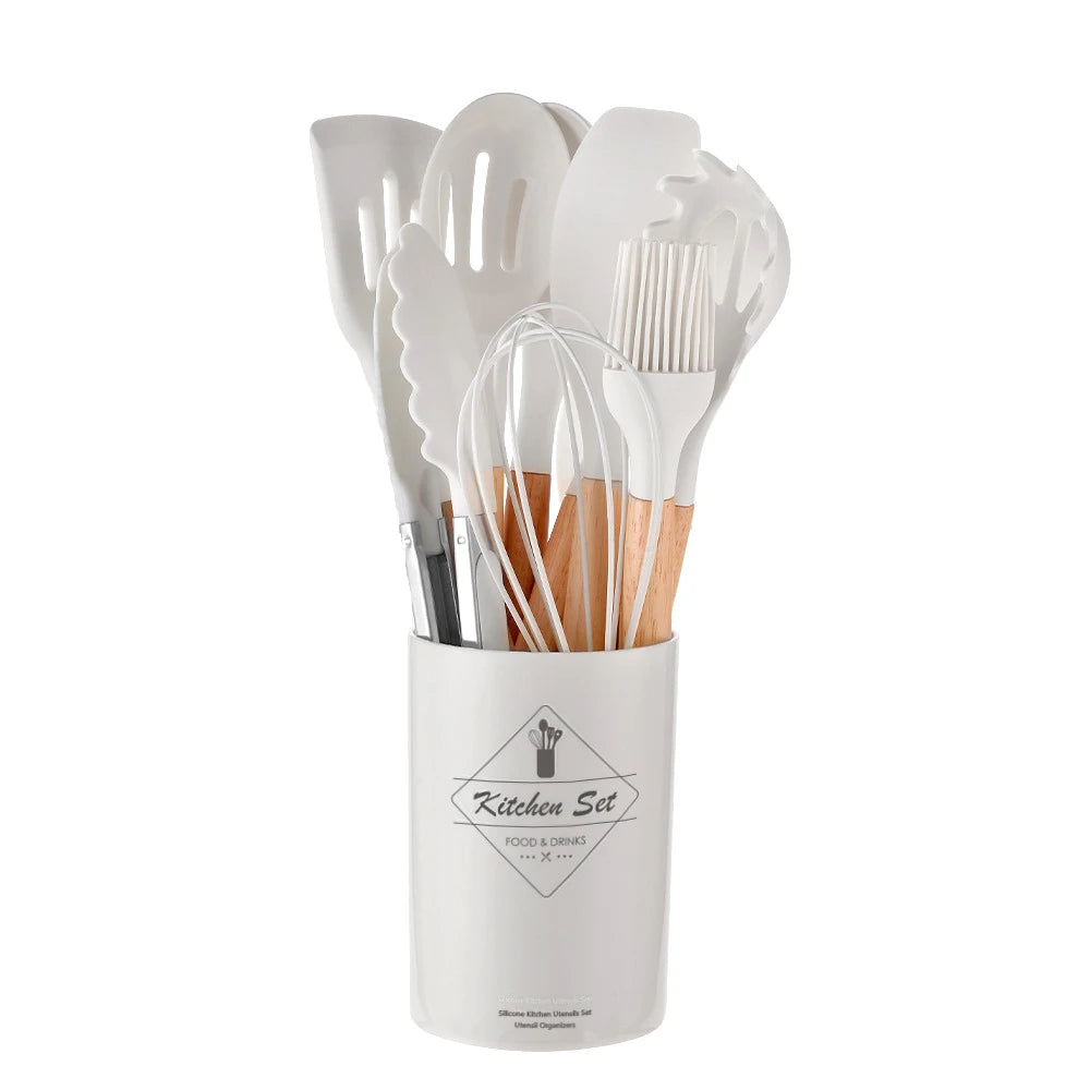 12PCS Silicone Kitchenware Set, Non-Stick Cookware Utensils with Wooden Handle, Spatula, Shovel, Egg Beaters