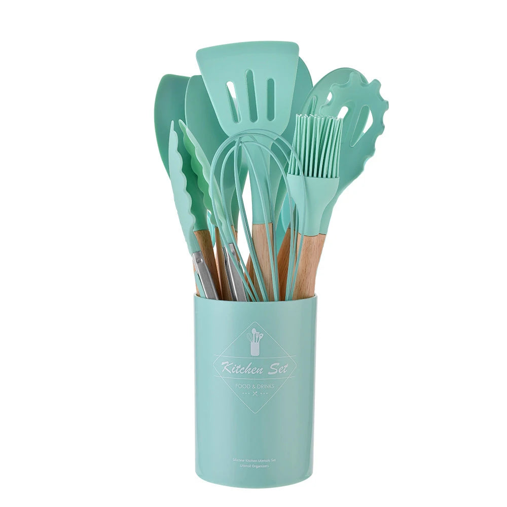12PCS Silicone Kitchenware Set, Non-Stick Cookware Utensils with Wooden Handle, Spatula, Shovel, Egg Beaters