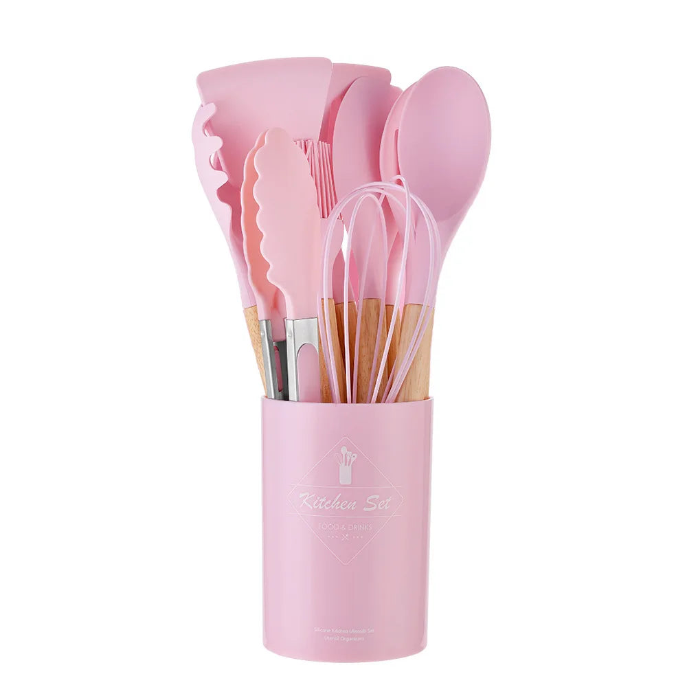 12PCS Silicone Kitchenware Set, Non-Stick Cookware Utensils with Wooden Handle, Spatula, Shovel, Egg Beaters