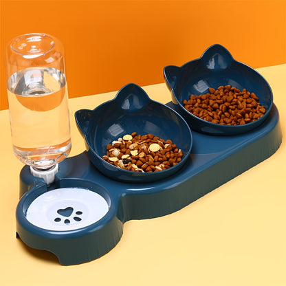 3-in-1 Ear Design Pet Bowls With Water Feeder, Tilted Cat Food & Water Bowl Set with Gravity Bottle for Neck Protection