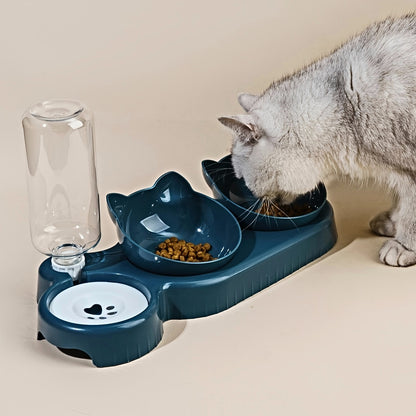3-in-1 Ear Design Pet Bowls With Water Feeder, Tilted Cat Food & Water Bowl Set with Gravity Bottle for Neck Protection