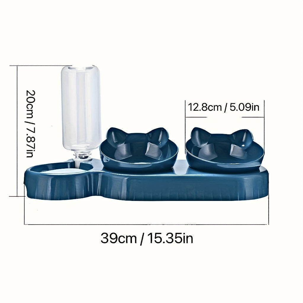 3-in-1 Ear Design Pet Bowls With Water Feeder, Tilted Cat Food & Water Bowl Set with Gravity Bottle for Neck Protection