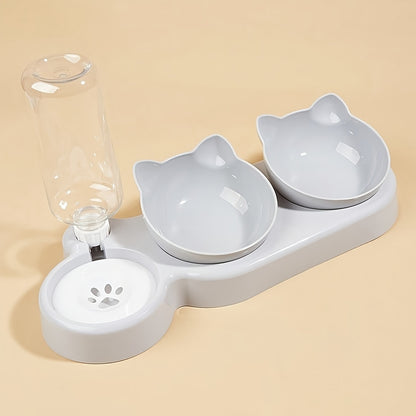 3-in-1 Ear Design Pet Bowls With Water Feeder, Tilted Cat Food & Water Bowl Set with Gravity Bottle for Neck Protection