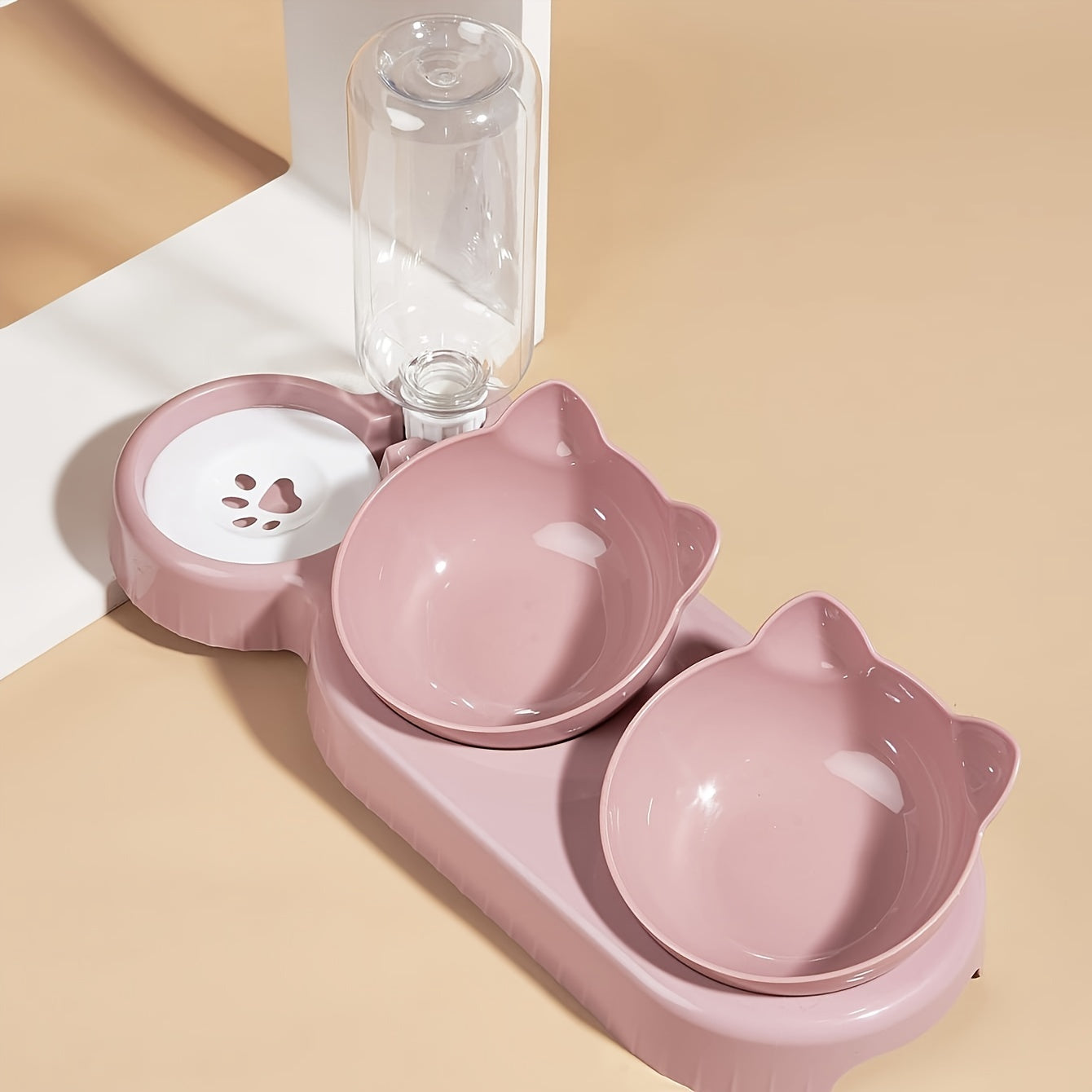 3-in-1 Ear Design Pet Bowls With Water Feeder, Tilted Cat Food & Water Bowl Set with Gravity Bottle for Neck Protection