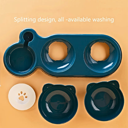 3-in-1 Ear Design Pet Bowls With Water Feeder, Tilted Cat Food & Water Bowl Set with Gravity Bottle for Neck Protection