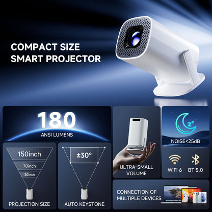 P30PRO Android 14 Smart Mini Projector, 4K Supported Native 720p, WiFi for Home Theater, Outdoor Portable Cinema
